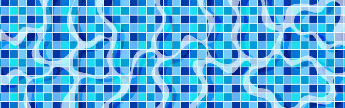 Swimming pool floor showcases intricate blue tile mosaics with geometric patterns, perfect for modern bathroom and kitchen ceramic surface backgrounds. Vector illustration.