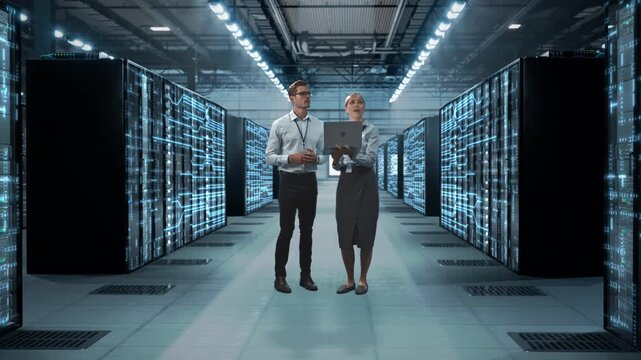 IT Specialist and Engineer Work in Modern data center, work, Using Laptop and Monitoring Cyber Security. They Verify Server Activation, Network Topology, Hacking Prevention in Infrastructure