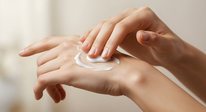 Close-up of hands applying moisturizing cream to healthy skin for skincare routine, hydration treatment, and personal hygiene concept