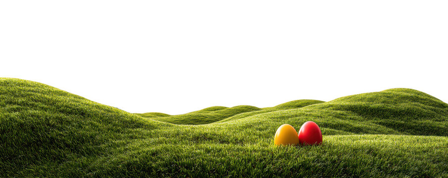 wide view of green grass grassland landscape with hills and yellow and red easter eggs laying on ground hidden in grass isolated on white or transparent png