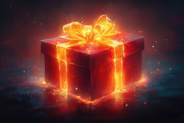 Red Present with Golden Ribbon Glowing in the Dark