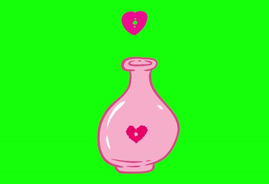 Glass flask or bottle with magic pink love elixir and flying hearts. Cartoon a2d animation element isolated on chroma key background.