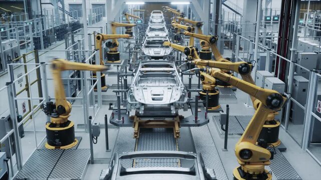 Industrial Robotic Arms Weld and Assemble Autonomous Cars on Production Line, Modern AI Enhanced Smart Factory. Automated Manufacturing, Precision Robotics, Industry 4.0 Automated Vehicle Assembly