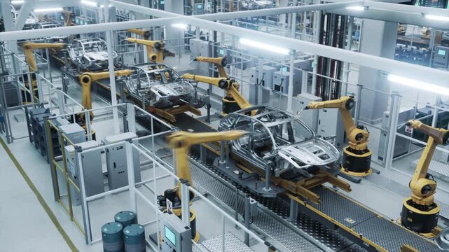 Overhead View of Smart Automotive Factory Where Robotic Arms weld Cars on Moving Assembly Conveyor. Robots Assemble Chassis Frames Inside Fenced Cells, Industry 4.0 Automation, Precision Manufacturing