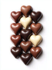 Fototapeta premium Top-down view of an assortment of heart-shaped chocolates in milk, dark, and white varieties, neatly arranged in a grid on a clean white background.