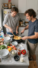 A happy male couple enjoys cooking a healthy meal together in a modern kitchen, stirring ingredients in a frying pan for a delicious homemade dinner experience.
