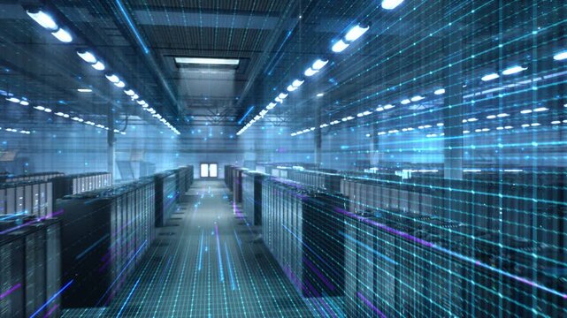 Cinematic Data Center, Server Racks with Glowing Blue Information Lines Stream Overhead. Visualizing Cloud Computing, Network Traffic, cybersecurity, cyber security, Cyber Secure Infrastructure