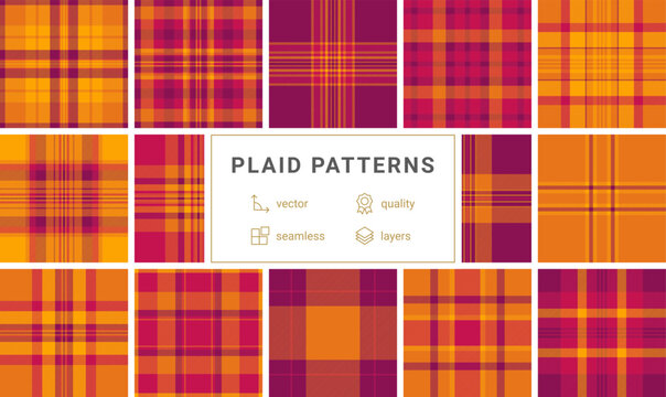 Vibrant orange and magenta tartan plaid seamless pattern. This energetic geometric textile design features a modern twist on a classic style, perfect for backgrounds, fashion, and branding.