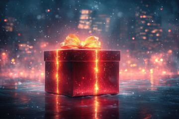 A Luminous Gift Box Illuminated Against Darkness