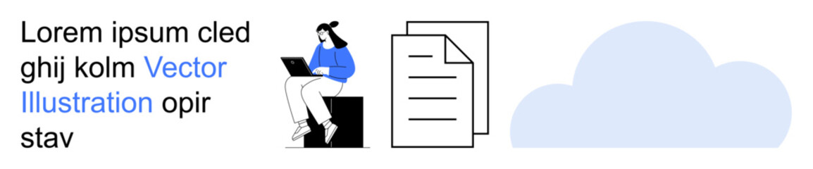 Cloud storage, productivity, remote work, online collaboration, digital data management, information sharing. A seated person with a laptop, document icons and a cloud symbol. Remote work and cloud © robu_s