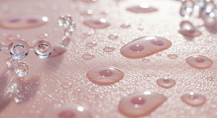Translucent spheres and water drops on soft pink texture in macro view