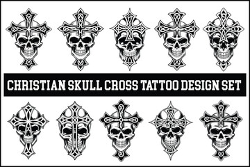 Christian Skull Cross Tattoo Design Set &ndash; Gothic Faith Skull Line Art Collection
