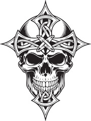 Christian Skull Cross Tattoo Design &ndash; Gothic Faith Skull Line Art Collection
