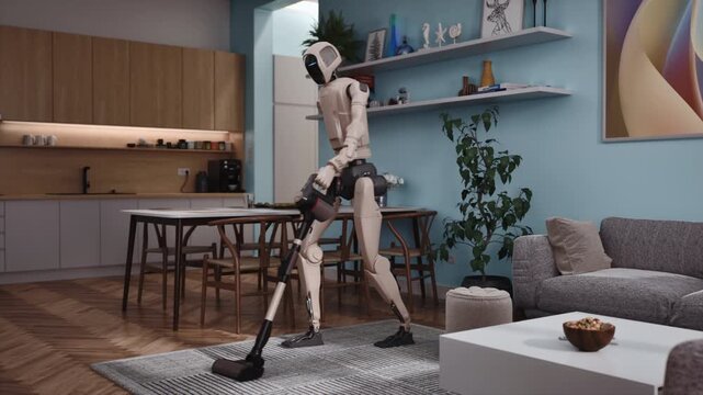 Humanoid Robot Cleans Apartment, Pushing a Cordless Stick Vacuum Across a Rug and Wood Floor Beside Sofa and Dining Table. Smart Home Housekeeping, Domestic Automation, AI Assistant, IOT Tech