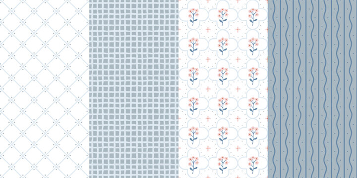 Cottage core seamless pattern set with blue florals, farmhouse gingham and vintage geometric textures. Decorative wrapping paper and textile backgrounds
