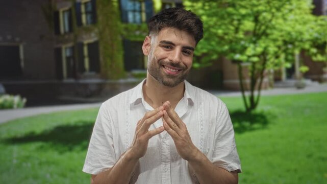 Young man with finger steeple gesture on green lawn by building; confidence strategy planning reflection.