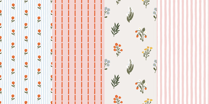 Seamless patterns set with dainty wildflowers, strawberries, and hand-drawn stripes in cottagecore style. Decorative wrapping paper and textile backgrounds
