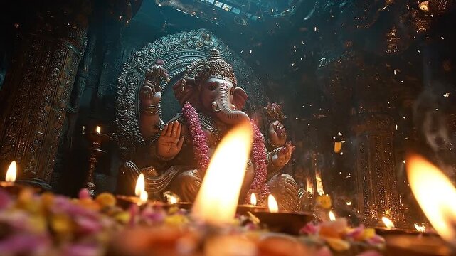Divine Ganesh Idol Surrounded by Flowers and Diyas During Festive Celebration in a Vibrant Temple Setting