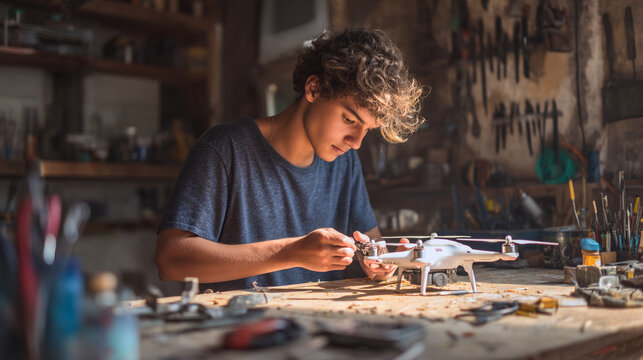A young man is intently working on a drone in a cluttered workshop with various tools