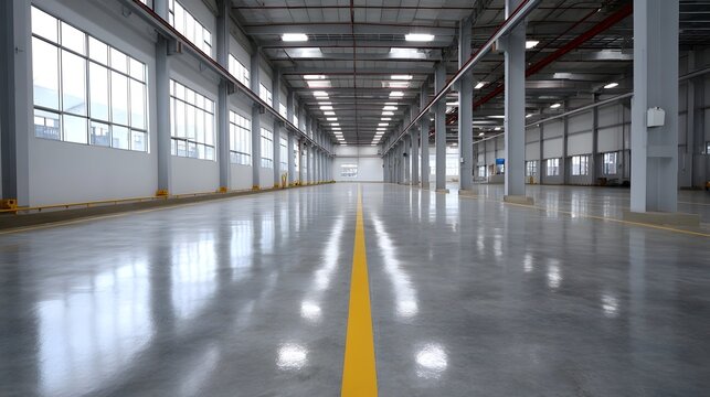 Vast empty and clean industrial warehouse interior with a reflective polished concrete floor and central yellow line