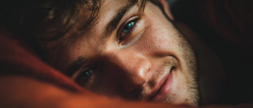 A close-up portrait of a man with a subtle smile and intense gaze in dim lighting