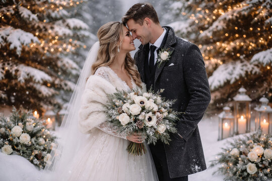 Winter wedding couple embrace snow forest, bride groom bouquet romance candlelight joy