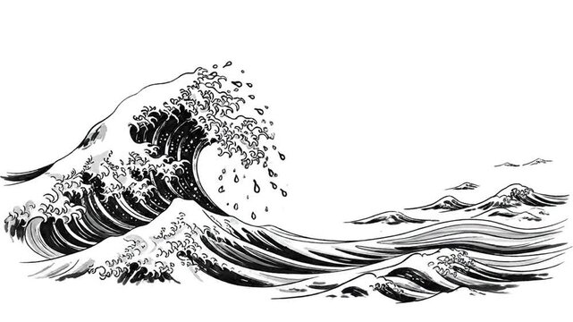 Stylized black and white Japanese ukiyo-e wave drawing with splashing water, conveying power and artistic beauty in a traditional style.