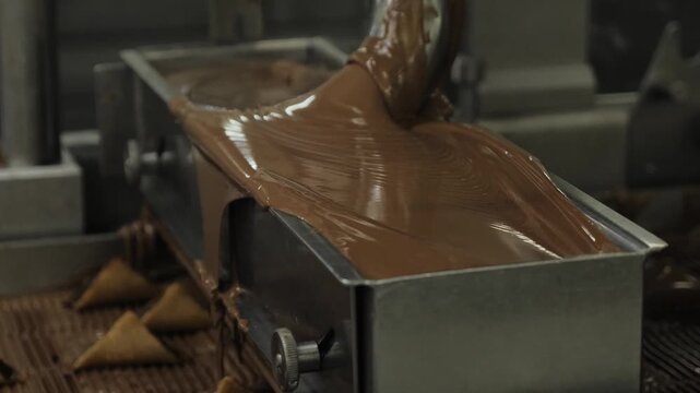 Close-up of thick melted chocolate cascading from enrober over triangular pralines on conveyor.