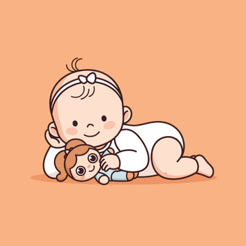 Baby Girl Lying Down with Doll.