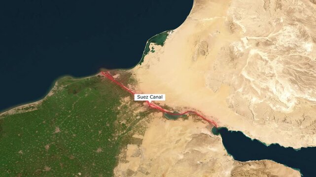 Satellite view zooming out and highlighting Suez Canal with label
