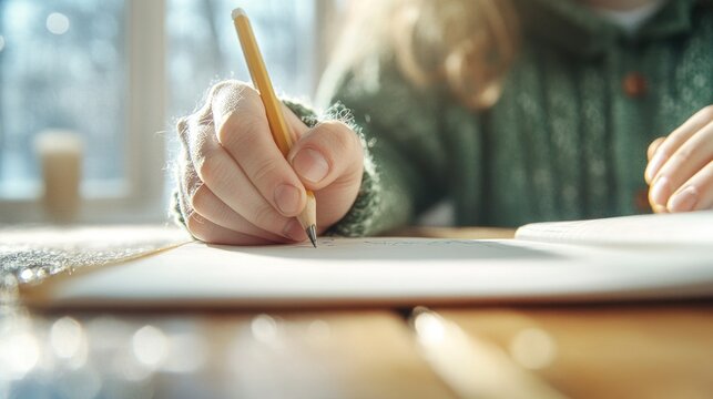 Smiling child writing in notebook at bright classroom desk