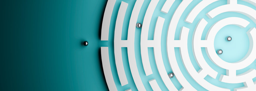 Conceptual spiral maze showing strategy and puzzle to explore and solve 3d render