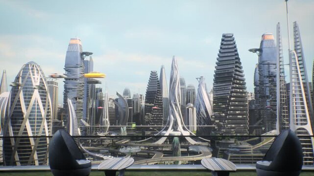 From a Rooftop Terrace, the Camera Fly Across a Sci‑fi Skyline as Flying Taxis and Hovercars Fly Between Towers Skyscrapers. Skybridges, Expressways, Glass Plazas Reveal a High‑tech Smart Metropolis