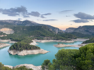 Landscape View of Guadalhorce Dam Affected by Water Shortage at Sunset, Andalusia, Spain