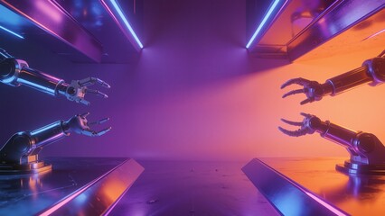 robotic arms in neonlit space