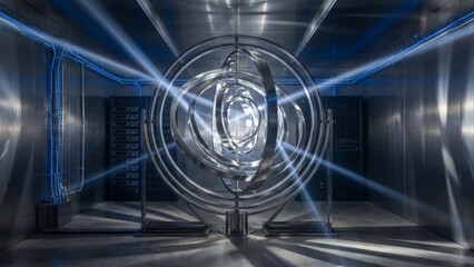 Futuristic Metallic Gyroscope in a High-Tech Environment with Blue Light Beams