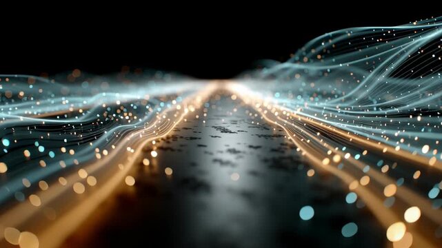 Dynamic digital landscape featuring flowing waveforms of blue and orange light particles against a dark backdrop. represents concepts of technology, data flow, and futuristic design, ideal for tech-th