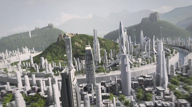 Aerial Drone Flyover of Island City of Glass Towers, Seawall Engineering, and Smart Eco Buildings. Wind Generation and Forest Buffers, Ring Skyline, Resilient Transit Loops, Low carbon Infrastructure.