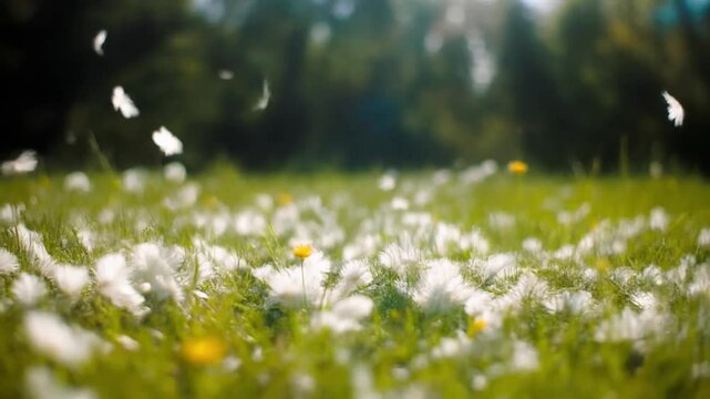 4K Cinematic Nature: Soft petals drifting in slow motion through a bright sunlit breezy meadow