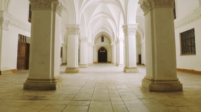 The Silent Sanctuary: Monastery courtyard in soft white light, slow cinematic dolly-in, 4K loop