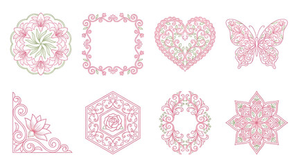 Floral line art set including mandala, heart, butterfly, frame, and geometric ornaments isolated. Decorative element collection for wedding and greeting card design.