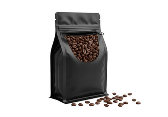 Coffee beans in black packaging bag isolated on transparent background