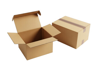 Cardboard boxes with one opened and one closed isolated on transparent background