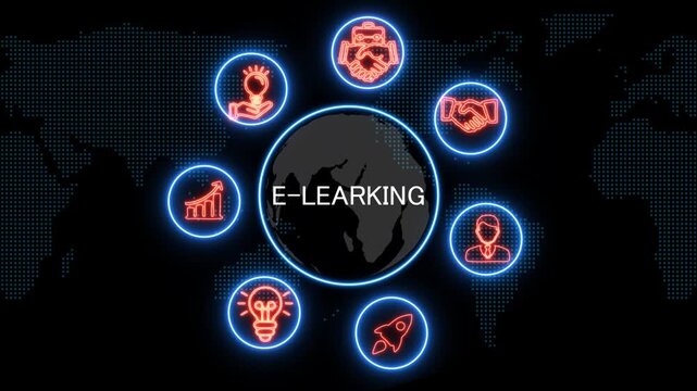 shows glowing neon line banner of e-lerking concept with icons of business, responsibility, customers, integrity, goals, teamwork, commitment and innovation .4k