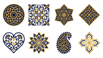 Luxury Islamic ornament set including gold and blue mandalas, stars, paisley, hearts, and floral geometric tiles isolated. Decorative Arabic design elements for Ramadan and Eid.