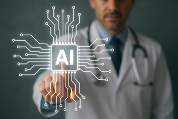 Male doctor touching a glowing digital AI microchip circuit interface with a stethoscope around his neck