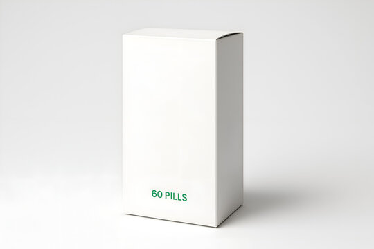 Blank white vertical medicine packaging box mockup with green text "60 PILLS" isolated on white background
