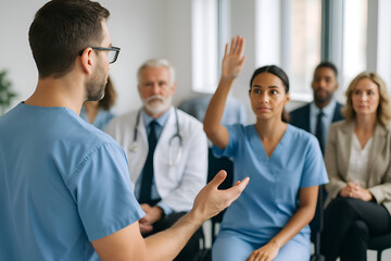 Male speaker in blue scrubs addressing a medical seminar where a female nurse raises her hand to ask a question