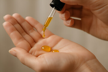 Close-up of woman's hands applying drops of golden cosmetic oil from a glass pipette onto her palm
