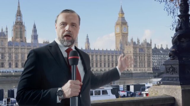 Field Correspondent Delivers a Live On location News, Speaking Into a Handheld Microphone, Summarizing Political Developments, Economic Indicators, Breaking Headlines for Broadcast Segment.